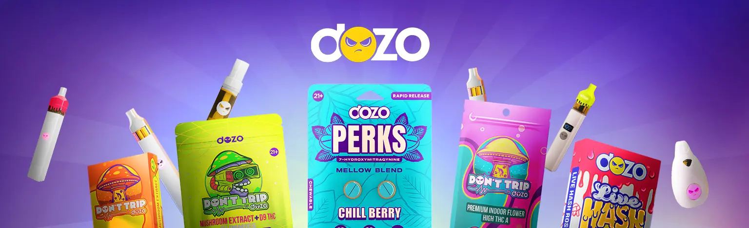 DOZO product lineup including Perks, Don’t Trip, and Live Mush mushroom and THC blends with vapes – Royal Smoke